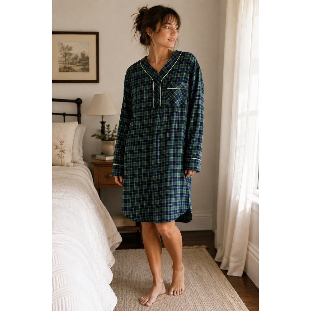 Cherokee Plaid Flannel Nightgown Medium Green Navy Cottagecore Vintage